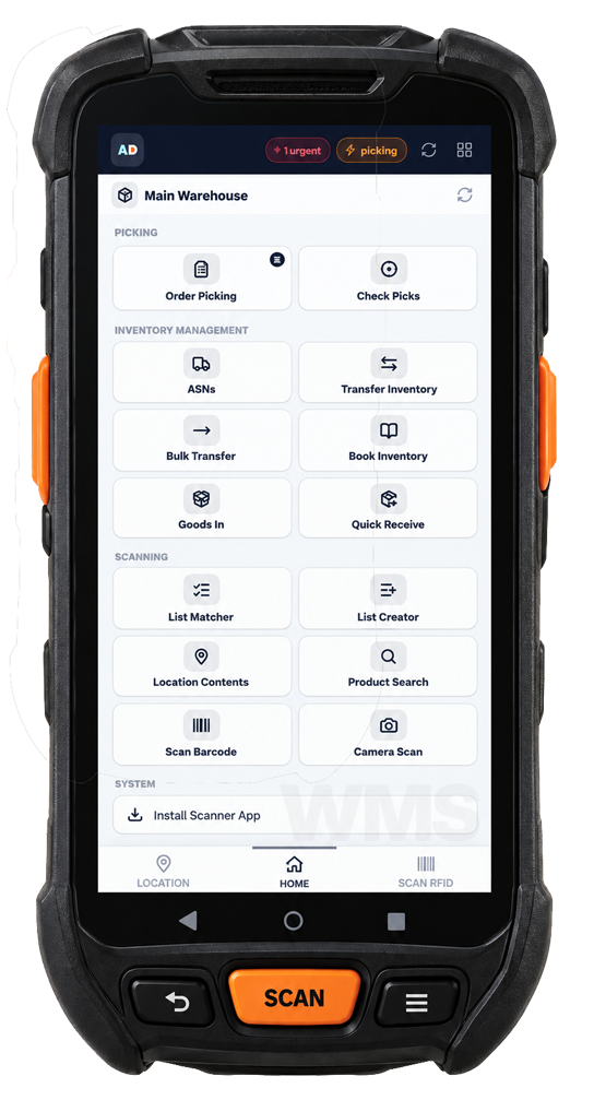 WebWMS Handheld Scanner App on Rugged Laser Device